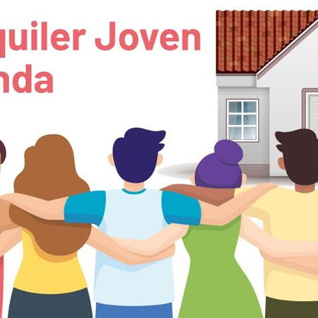 Illustration showing young people standing together in front of a house, representing Spain’s Bono Alquiler Joven rental support scheme.