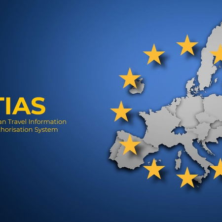 ETIAS logo displayed next to a map of Europe with EU stars on a blue background.