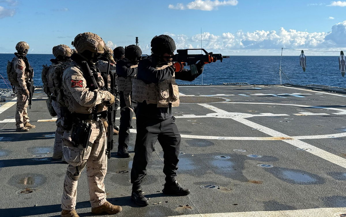 Spanish marines conduct live-fire exercises aboard Navy ship Audaz in Strait of Gibraltar