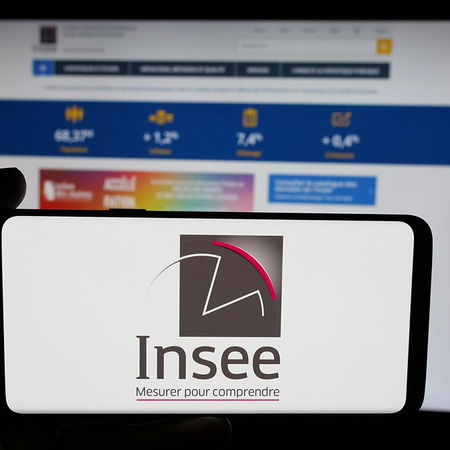 INSEE logo displayed on a smartphone screen, with the official statistics website visible in the background.