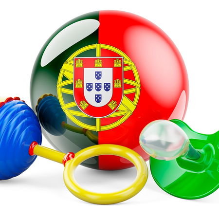 Illustration showing a baby pacifier and rattle alongside the Portuguese flag, symbolising rising birth rates in Portugal.