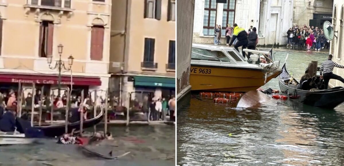 Defektes Fährschiff kollidiert mit Gondeln auf dem Canal Grande in Venedig